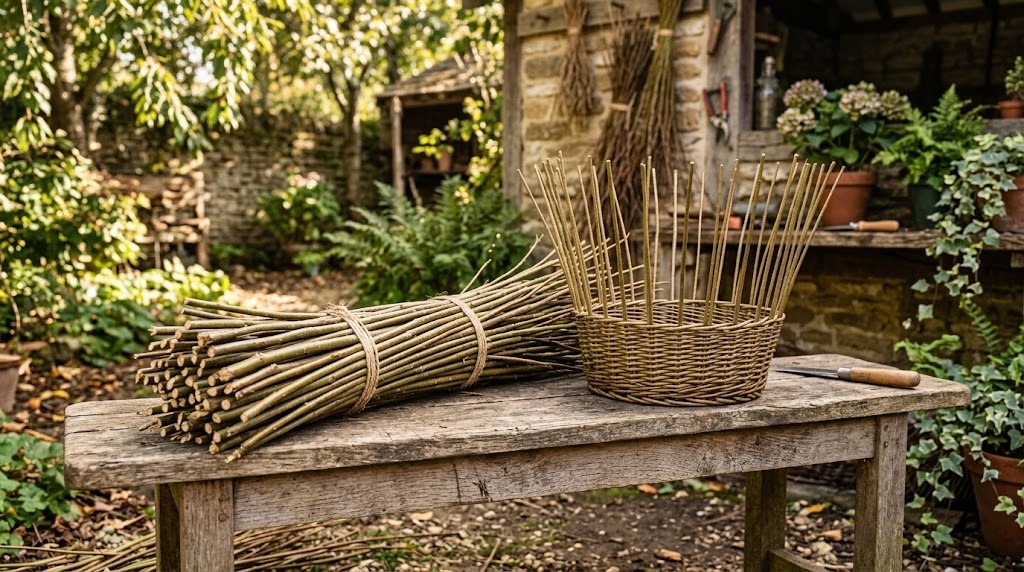 Freshly cut willow rods beside a half-woven basket