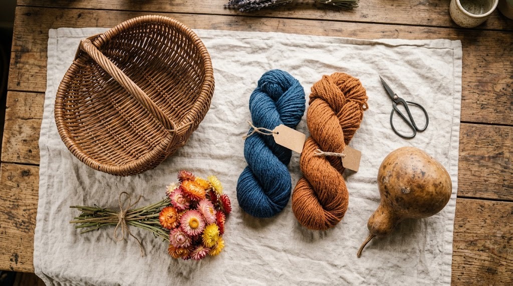 Woven willow basket, dried flowers, naturally dyed yarn and a bottle gourd on linen