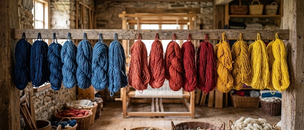 Skeins of naturally dyed yarn in blues, reds and yellows