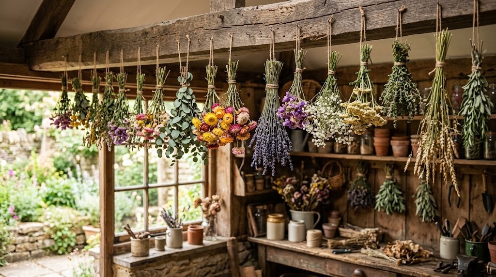 Bunches of dried flowers hanging from a wooden beam
