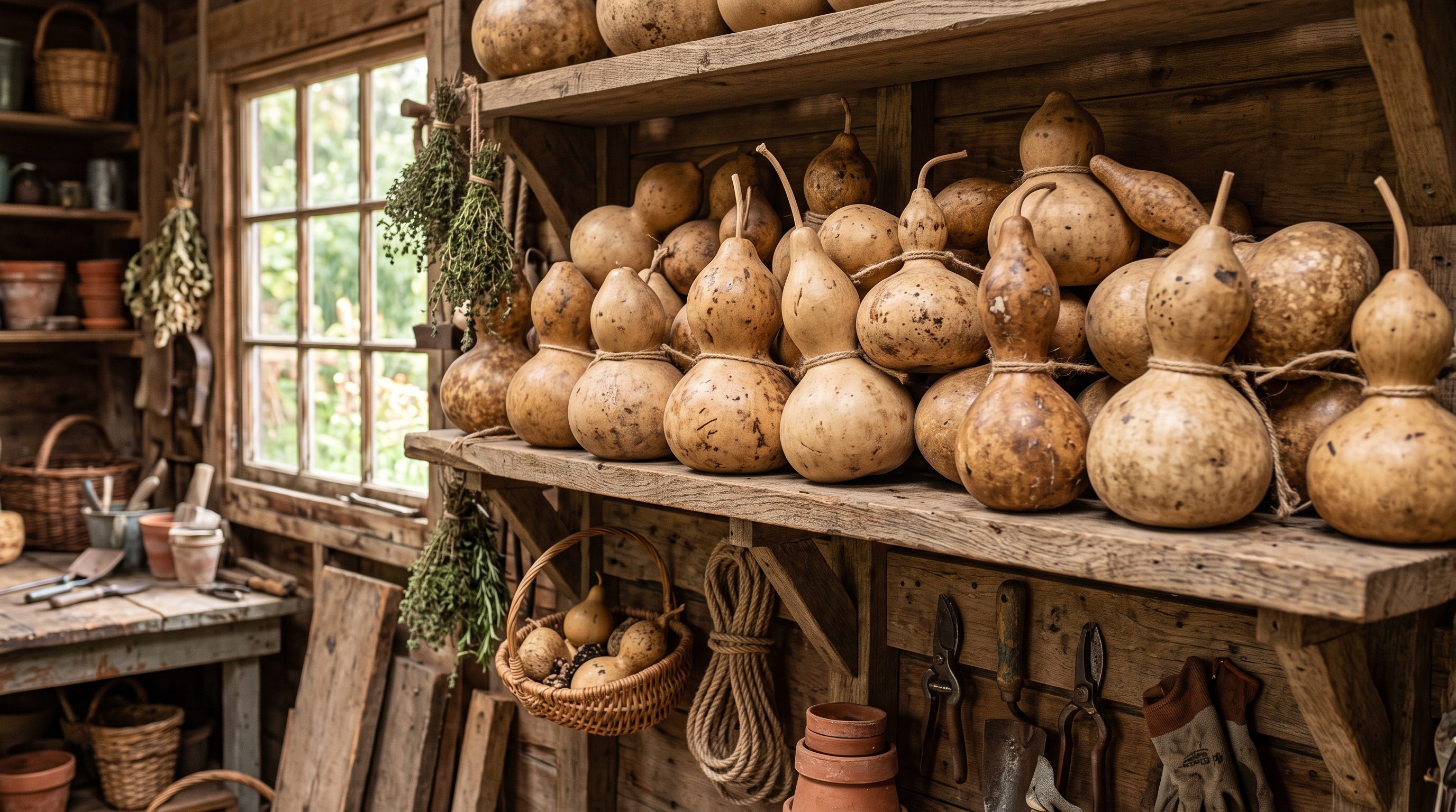 Cured bottle gourds on a wooden shelf