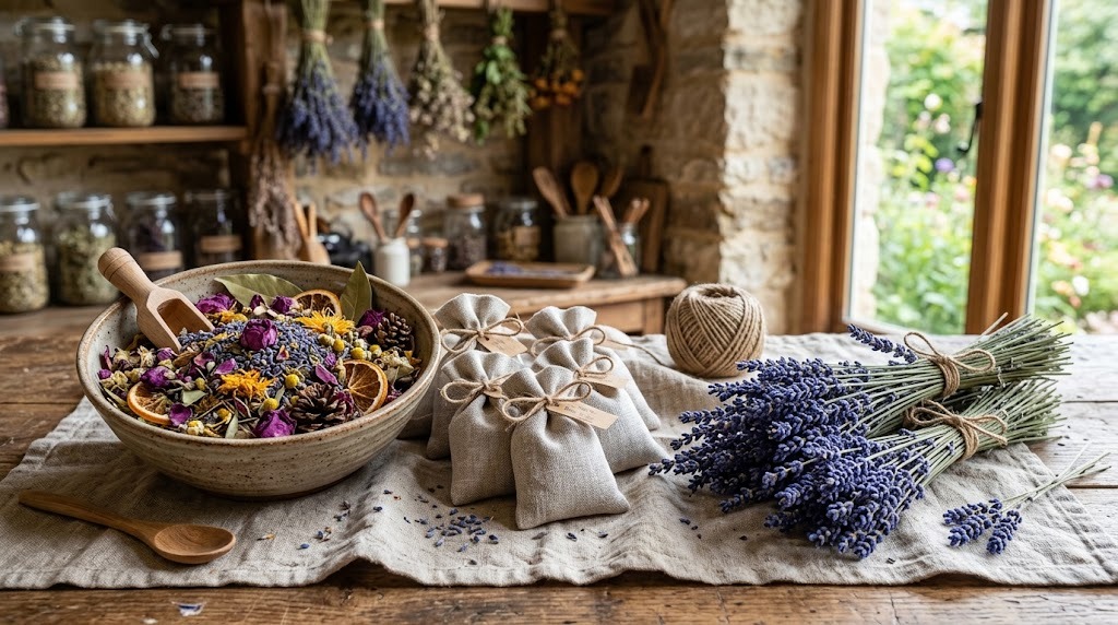 Lavender bundles, linen sachets and a bowl of potpourri