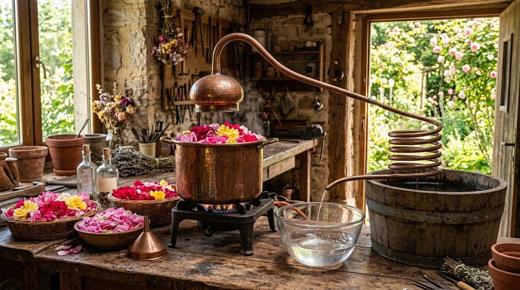 Rose water by simple steam