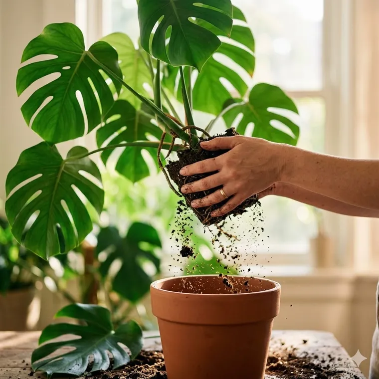 Hands repotting a monstera