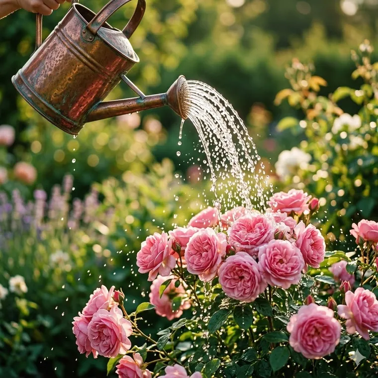 Watering can pouring on roses