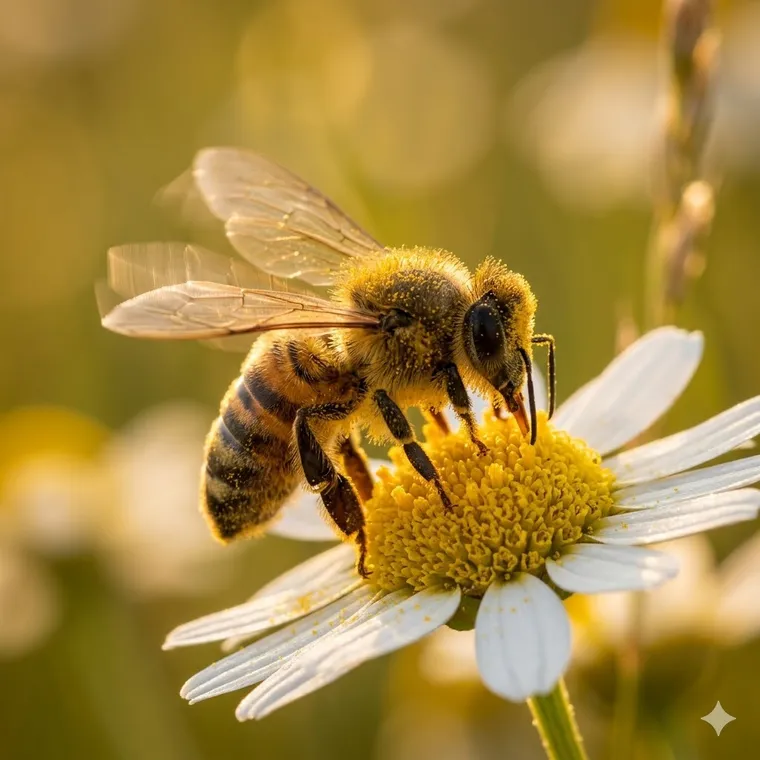 Bee on a chamomile flower