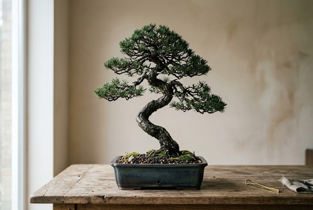 A shaped bonsai tree in a shallow pot