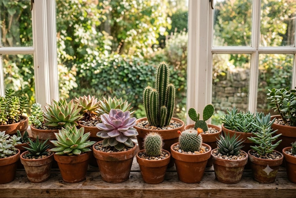 Cacti and succulents on a sunny windowsill