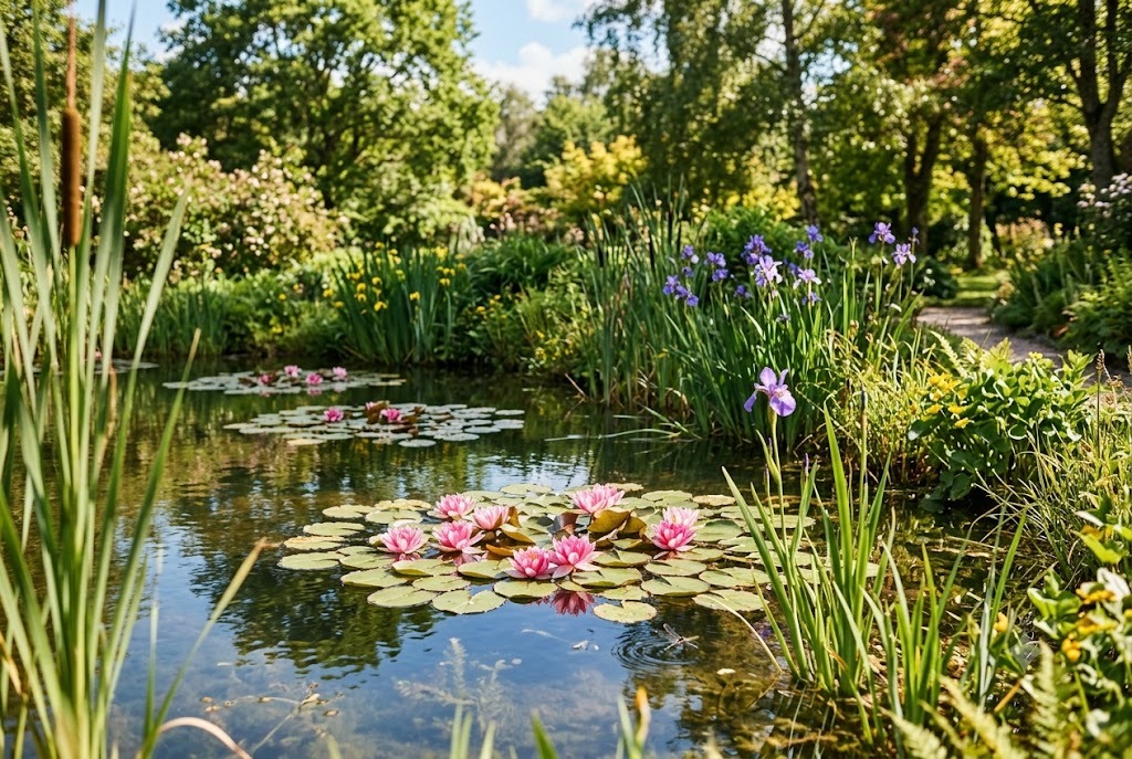 Garden pond with water lilies and marginal plants